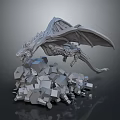 Detailed Silver Dragon Sculpture Perched On Irregular Silver Blocks