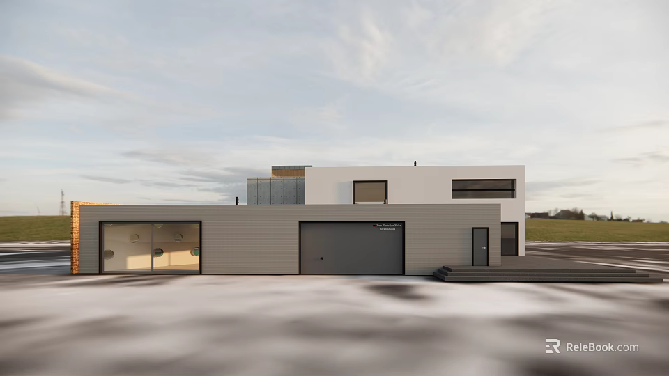 Modern Single Family House Exterior With White Gray Facade Garage And Glass Curtain Wall 3d model 