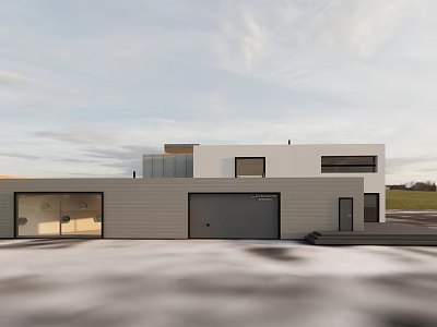 Modern Single Family House Exterior With White Gray Facade Garage And Glass Curtain Wall 3d model