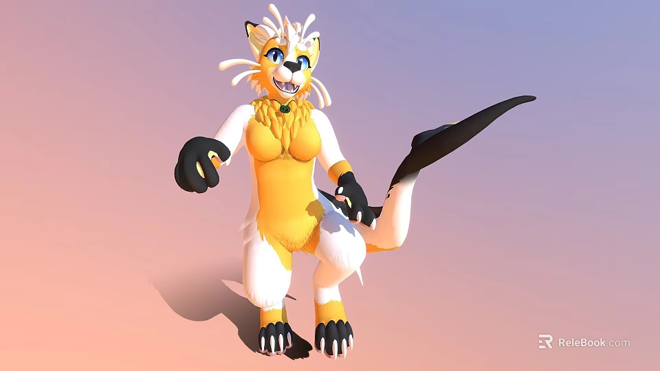 Animated Game Movie Character With Yellow White Fur Blue Eyes Green Collar And Black Paws 3d model 