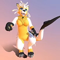Animated Game Movie Character With Yellow White Fur Blue Eyes Green Collar And Black Paws