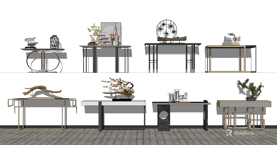 Modern Console Table Interior Design With Decorative Plants And Art Pieces 3d model