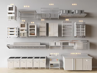 Modern Kitchen Appliances Including Ovens Cabinets Worktables and Range Hoods 3d model