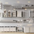 Modern Kitchen Appliances Including Ovens Cabinets Worktables and Range Hoods