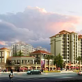 Scenic Modern Residential Buildings With Palm Trees Pond Lawn Pavilion And Fountain