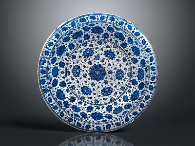 Plant Inspired Floral Patterns On Blue And White Decorative Plate Design 3d model