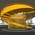 Bright Orange Spiral Staircase With Metal Frame And Wooden Ceiling In Modern Building