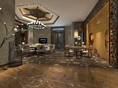 Luxurious Chinese Style Private Dining Room With Elegant Chandelier Dining Table And Decorative Painting 3d model