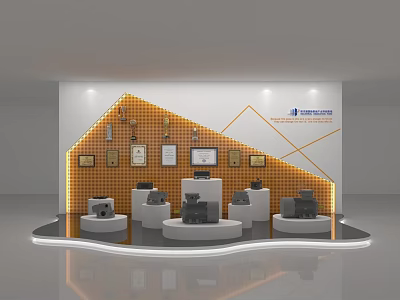 Showroom Exhibition With Golden Geometric Background Wall Medals Certificates White Stands And Black Products 3d model