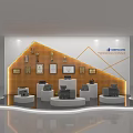 Showroom Exhibition With Golden Geometric Background Wall Medals Certificates White Stands And Black Products