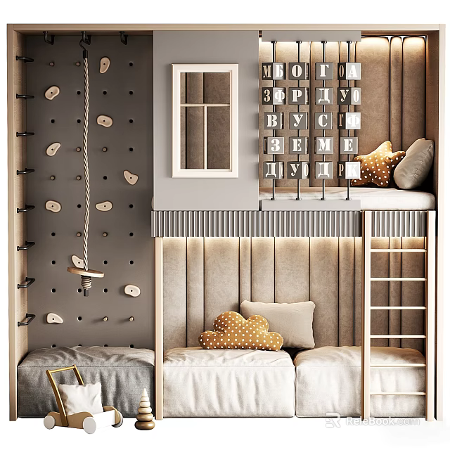 Kids Bed With Ladder Climbing Wall Polka Dot Pillows And Alphabet Blocks Decor 3d model 