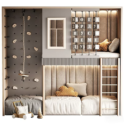 Kids Bed With Ladder Climbing Wall Polka Dot Pillows And Alphabet Blocks Decor 3d model