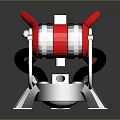 Red and Silver Futuristic Gadget with Streamlined Design Curved Lines Ring Structure and Metallic Stand