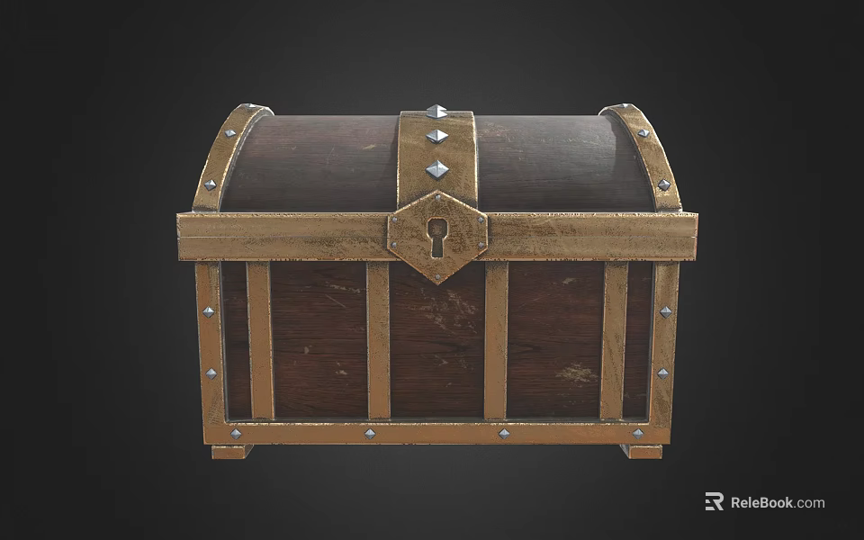 Vintage Wooden Treasure Chest With Metal Trim Rivets And Decorative Lock 3d model 