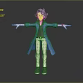 3D Model Character With Purple Hair Blue Coat Brown Shirt Beige Pants And Gray Shoes
