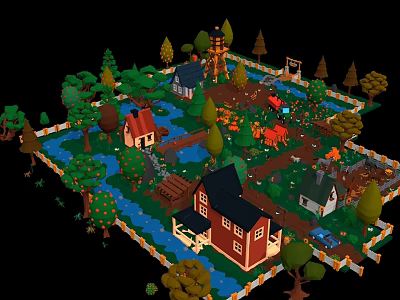 Cartoon Scene with Small Houses Colorful Trees River Wooden Bridge and Fences 3d model