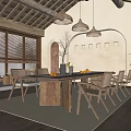 Natural Rustic Dining Room With Wooden Table Chairs Pendant Lights And Large Windows