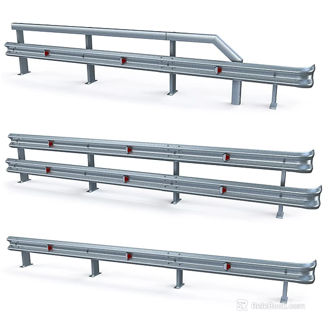 Metal Road Guardrail With Reflective Strips And Durable Steel Posts For Highway Safety 3d model 