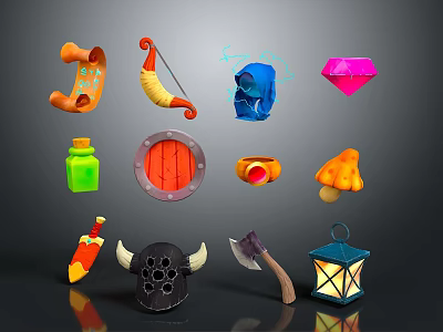 Ornament Decor Set With Horn Blue Helmet Pink Gem Red Shield Mushroom Decor And Lantern 3d model