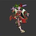 Anime Style Character With Red Black Hair Holding Sword In Dynamic Red Black Checkered Outfit Pose