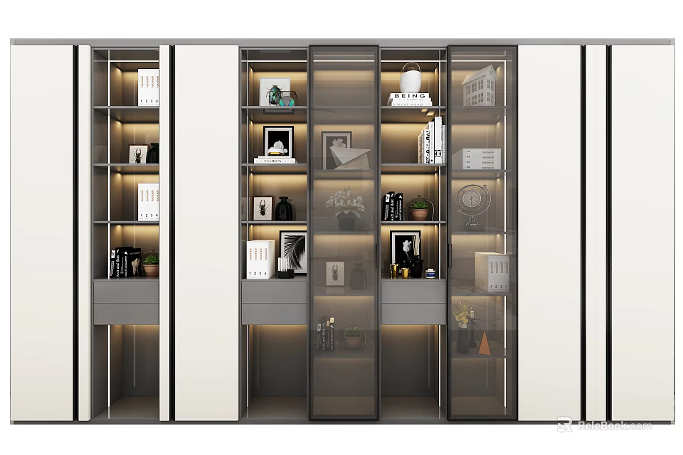 Modern Bookcase Interior Design With Glass Doors Open Shelves And Decor Items 3d model 