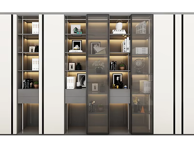 Modern Bookcase Interior Design With Glass Doors Open Shelves And Decor Items 3d model
