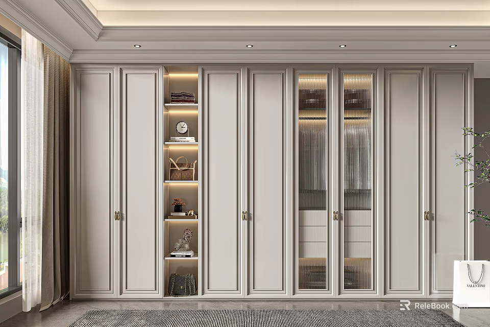 Elegant Modern Wardrobe Interior Design With Glass Doors Shelves Drawers And Built In Lighting 3d model 
