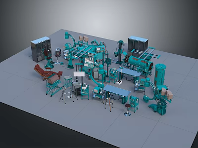 Blue Mechanical Equipment Setup With Workstations Robotic Arms And Storage Units 3d model