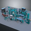 Blue Mechanical Equipment Setup With Workstations Robotic Arms And Storage Units 3d model