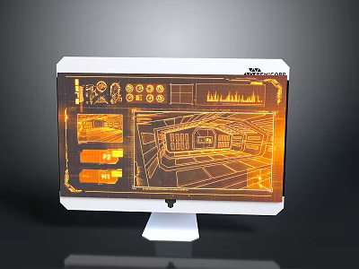 Advanced Electronic Appliance Monitor Displaying Orange Technical Design Interface And Circuit Diagrams 3d model