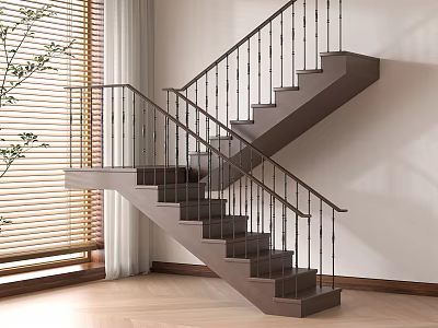 Modern Staircase with Dark Steps Metal Railings Wooden Floor Window Blinds and Indoor Plant 3d model