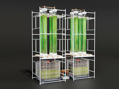 Industrial Equipment With Metal Frames Green Cylindrical Columns Transparent Containers Pipes And Green Liquid 3d model