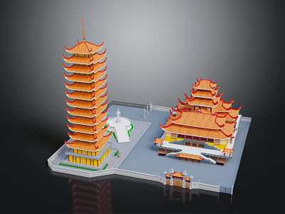 Traditional Ancient Pagoda and Palace Style Building Featuring Orange Roofs and Curved Multi layered Eaves 3d model