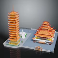 Traditional Ancient Pagoda and Palace Style Building Featuring Orange Roofs and Curved Multi layered Eaves