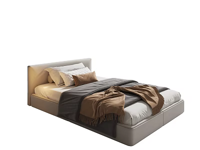Minimalist Modern Single Bed With Light Headboard White Brown Pillows And Gray Blankets 3d model