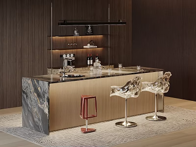 Luxurious Bar Counter With Marble Top Stylish Silver Stools And Wooden Wall Shelves 3d model