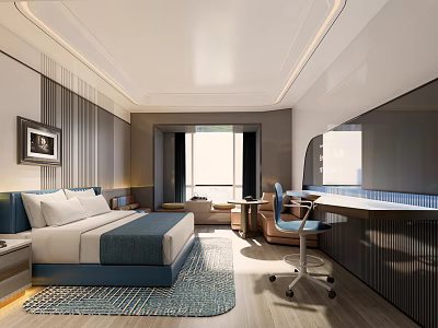 Modern Hotel Guest Room With Large Bed Writing Desk Ergonomic Chair And Natural Light 3d model