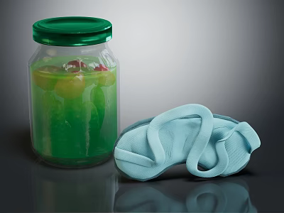 Glass Jar With Green Lid And Green Liquid Alongside Light Blue Slippers 3d model