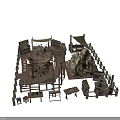 Wooden Scenery Props Including Platforms Tower Flags Tables Benches And Snow Mountain Like Structures