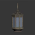 Antique Brass Lantern Featuring Circular Handle Polyhedral Structure Dark Glass Panels And Ornate Metal Details