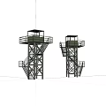 Two Green Metal Watchtowers With Staircases And Observation Platforms
