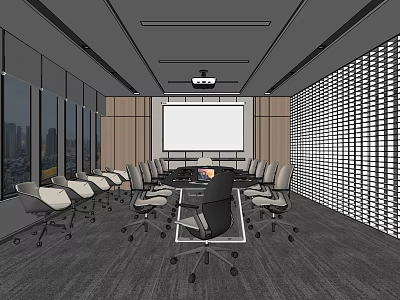 Modern Conference Room With Round Table Projection Screen Large Windows And Comfortable Chairs 3d model