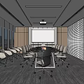 Modern Conference Room With Round Table Projection Screen Large Windows And Comfortable Chairs 3d model