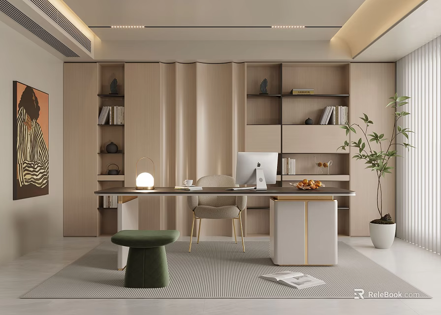 Modern Home Office Interior Design With Wooden Bookshelves Desk Computer Potted Plant And Decorative Rug 3d model 