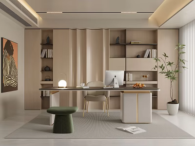 Modern Home Office Interior Design With Wooden Bookshelves Desk Computer Potted Plant And Decorative Rug 3d model