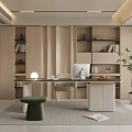 Modern Home Office Interior Design With Wooden Bookshelves Desk Computer Potted Plant And Decorative Rug