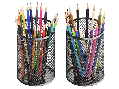 Two Black Mesh Pencil Holders Filled With Vibrant Colored Pencils 3d model