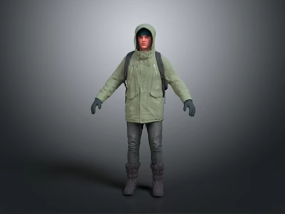 Standing Man In Green Hooded Jacket With Backpack Gloves And Boots On Gray Background 3d model