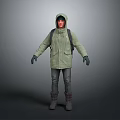 Standing Man In Green Hooded Jacket With Backpack Gloves And Boots On Gray Background 3d model
