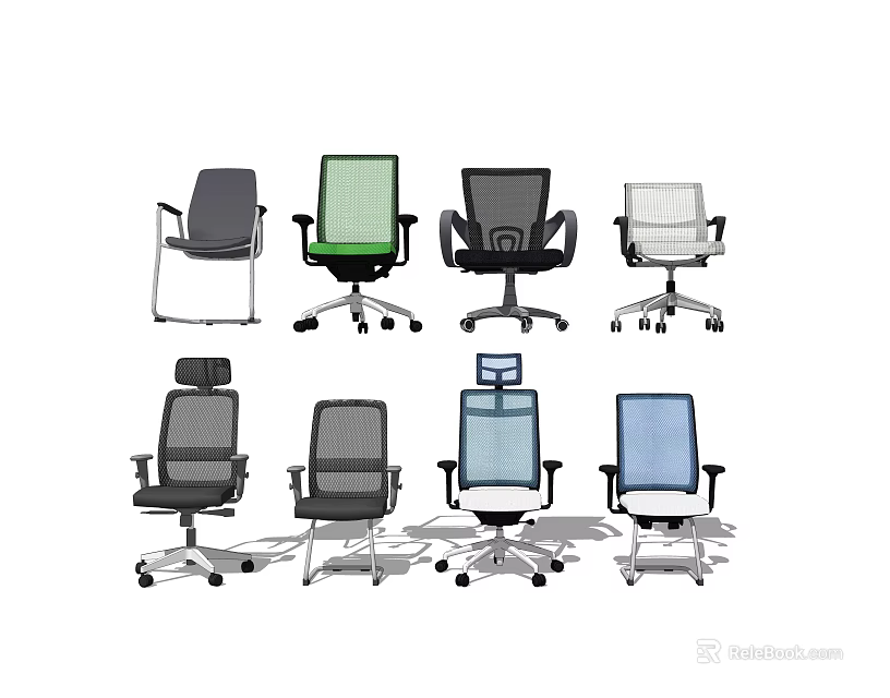 Various Stylish Office Chairs With Mesh Back And Multiple Colors For Workspace 3d model 